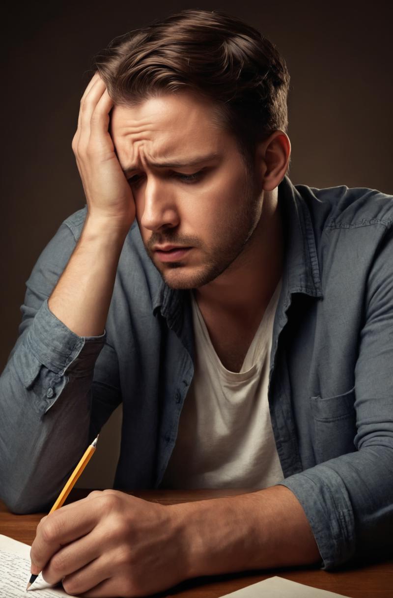 00197-A frustrated male writer with depression, beautiful photorealistic illustration, intricate details, natural lighting.png